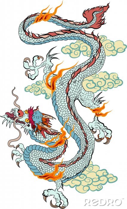 Sticker  Autocollant de Dragon vieux japonais sur fond noir. Tatouage de dragon chinois. Tatouage asiatique traditionnel le vieux vecteur de dragon.
