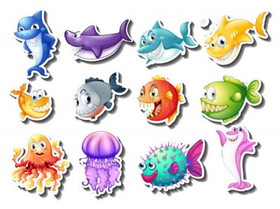 Sticker  Autocollant, ensemble, requins, fish