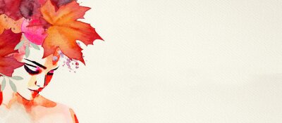 Sticker  Autumn. Watercolor abstract portrait of girl. Fashion background