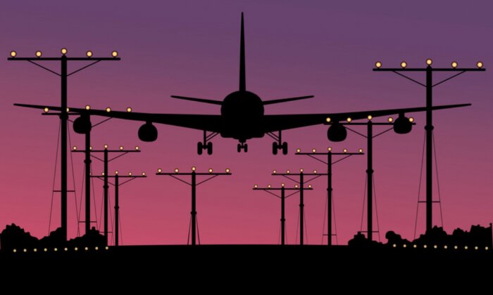 Sticker  Avion atterrissage au coucher du soleil