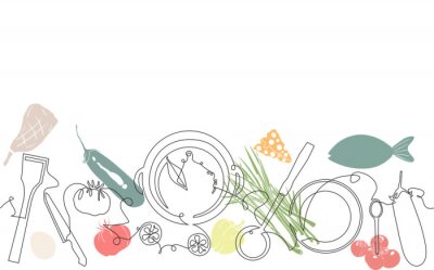 Sticker  Background with Utensils and Food. Cooking Pattern. Vector illustration.