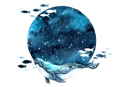Sticker  Baleine à l’aquarelle sur un fond de pleine lune