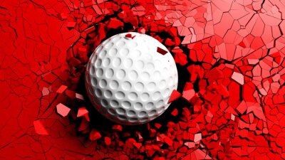 Sticker  Balle de golf percée de force à travers un mur rouge. Illustration 3d