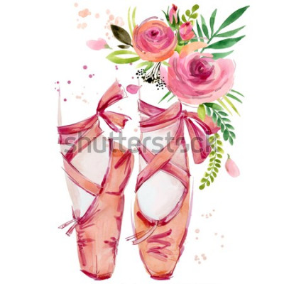 Sticker  Ballerine pieds et fleurs aquarelle illustration