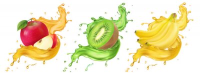 Sticker  Banana, kiwi and apple fruit juice splashes realistic vector icon set