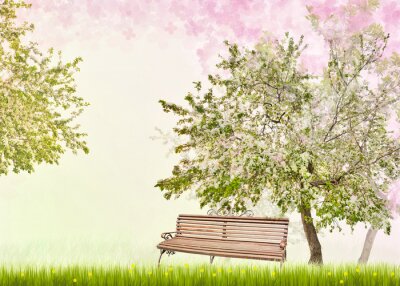 Sticker  banc sous le pommier à fleurs