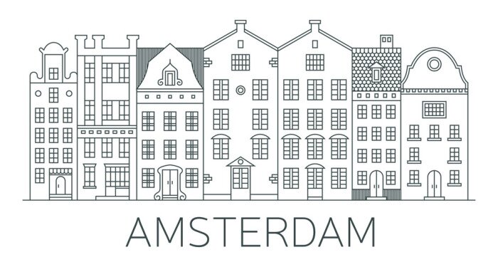 Sticker  Banner of Amsterdam city in flat line style. 