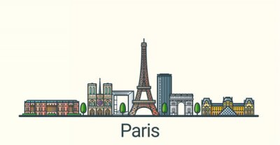 Sticker  Banner of Paris city in flat line trendy style. All buildings separated and customizable. Line art.