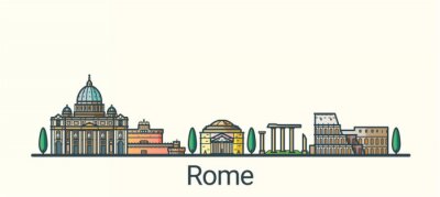 Sticker  Banner of Rome city in flat line trendy style. All buildings separated and customizable. Line art.