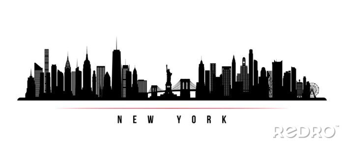 Sticker  Bannière horizontale de la ville de skyline New York. Silhouette noir et blanc de la ville de new york, usa. Modèle de vecteur pour votre conception.