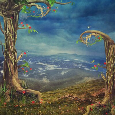 Sticker  Beau, boisé, scène, Arbres, herbe, montagnes