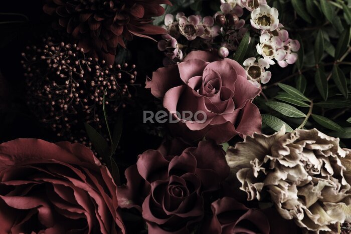 Sticker  Beautiful bouquet of different flowers, closeup. Floral card design with dark vintage effect