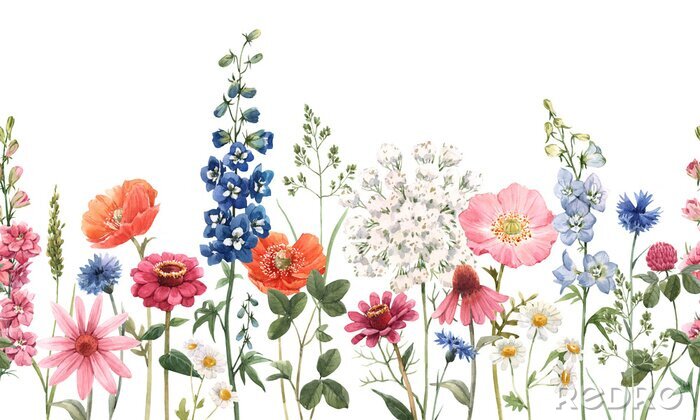 Sticker  Beautiful floral summer seamless pattern with watercolor hand drawn field wild flowers. Stock illustration.
