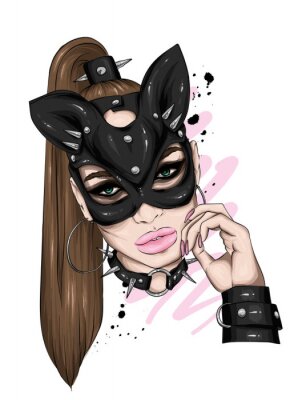 Sticker  Beautiful girl in leather mask. Sex and BDSM, love. Underwear. Vector illustration for greeting card or poster, print for t-shirt. Fashion & Style.