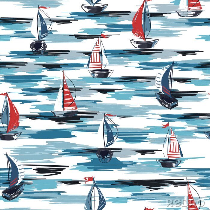 Sticker  Beautiful Hand drawn brush summer boat,ship in the ocean seamless pattern vector