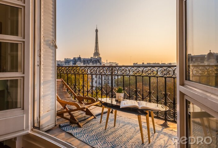 Sticker  Beautiful paris balcony at sunset with eiffel tower view