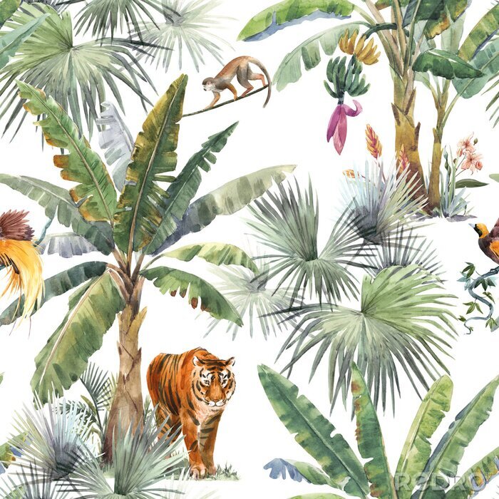 Sticker  Beautiful seamless pattern with watercolor tropical palms and jungle animals tiger, giraffe, leopard. Stock illustration.