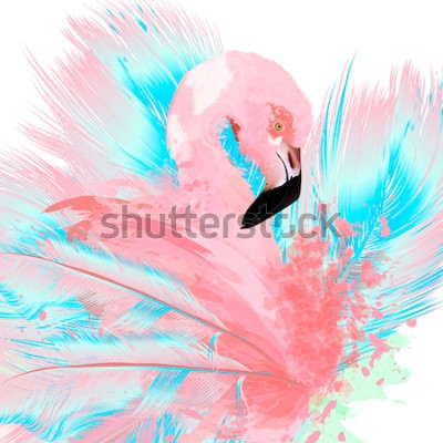 Sticker  Beautiful vector illustration with drawn pink flamingo and blue feathers