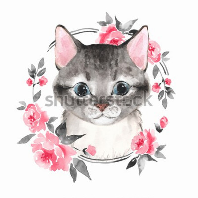 Sticker  Bébé chat dans un cadre rond avec des fleurs à l'aquarelle
