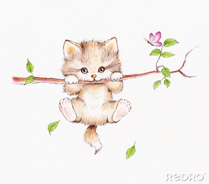 Sticker  Bébé chat suspendu à une branche et un papillon rose