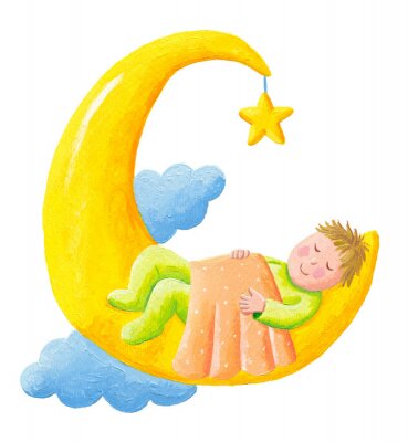 Sticker  Bébé en pyjama dormant sur la lune