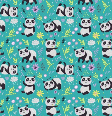 Bébé panda parmi les plantes vertes et les fleurs