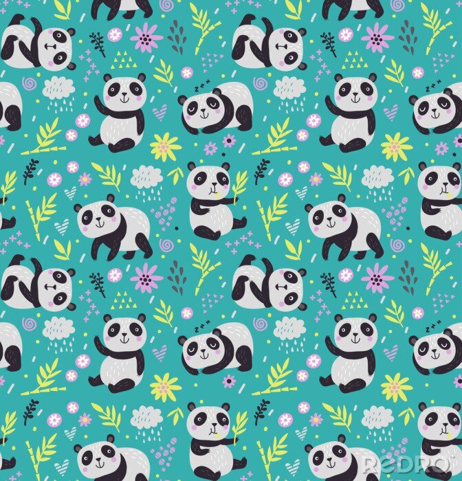 Sticker  Bébé panda parmi les plantes vertes et les fleurs