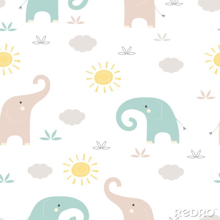 Sticker  Bébés éléphants avec soleils et nuages