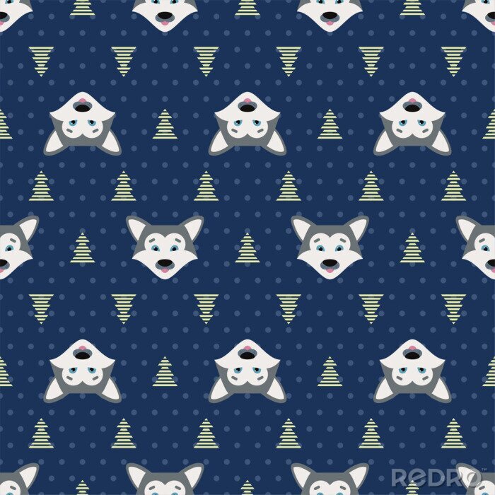 Sticker  Bébés loups et sapins de Noël sur fond bleu marine