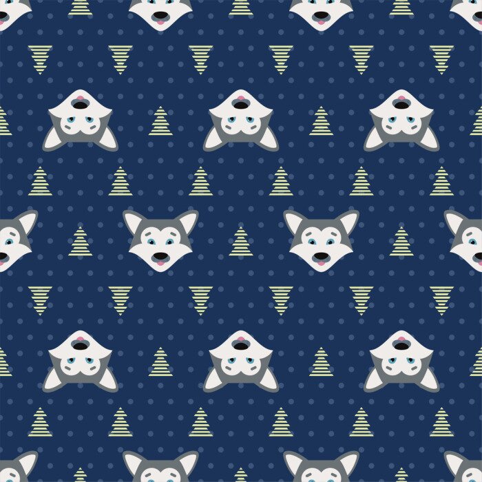 Sticker  Bébés loups et sapins de Noël sur fond bleu marine