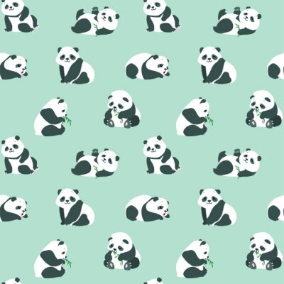 Bébés pandas avec des feuilles de bambou sur fond vert