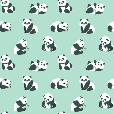 Papier peint à motif  Bébés pandas avec des feuilles de bambou sur fond vert
