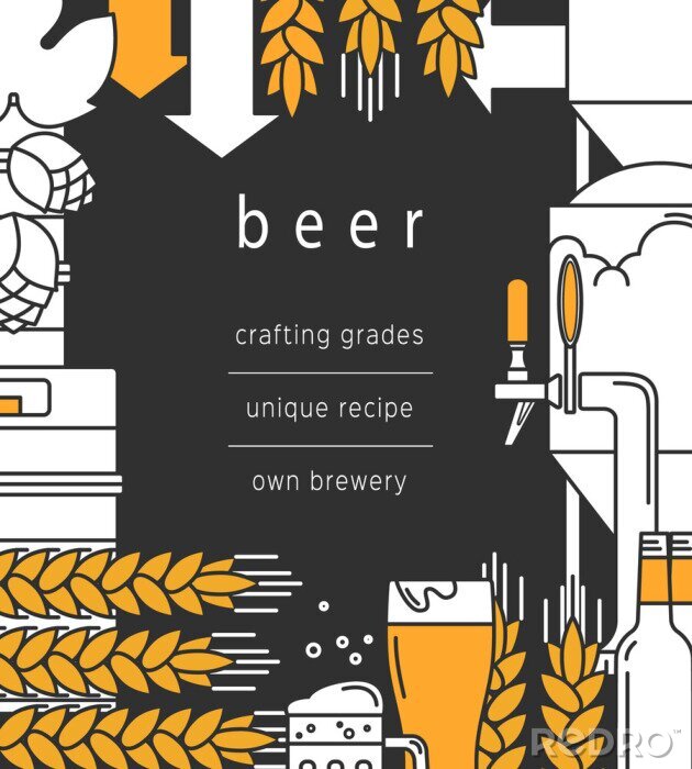 Sticker  Beer background. Glass, mug, beer tap, bottles and kegs, equipment for brewing, brewery, wheat and hops. Vector backdrop for booklet, brochure, flyer.