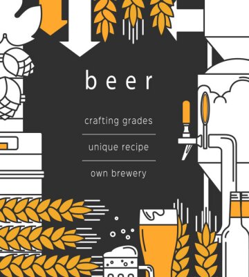 Sticker  Beer background. Glass, mug, beer tap, bottles and kegs, equipment for brewing, brewery, wheat and hops. Vector backdrop for booklet, brochure, flyer.
