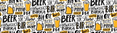 Sticker  Beer text pattern. Word beer in different languages. Italian birra, spanish cerveza, macedonian pivo, german bier. Hand lettering seamless texture for pubs, menu and placemats.