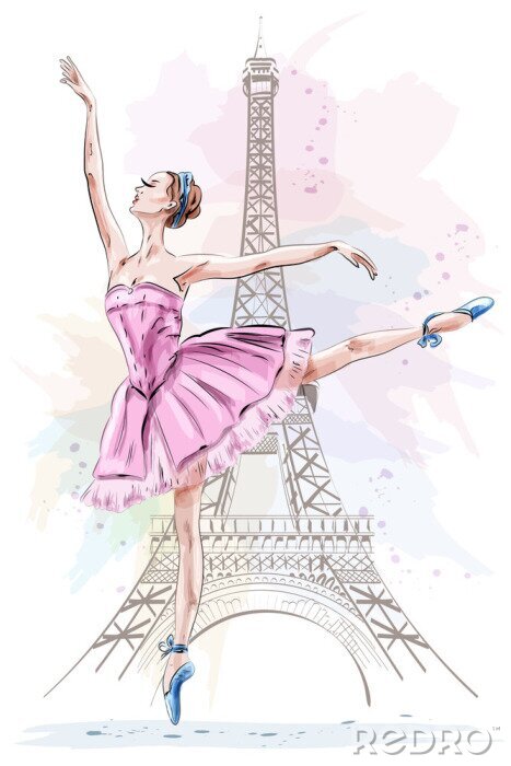 Sticker  Belle ballerine posant et dansant sur le fond de la tour Eiffel. Fille dessiné à la main. Danseuse de ballet. Esquisser. Illustration vectorielle.