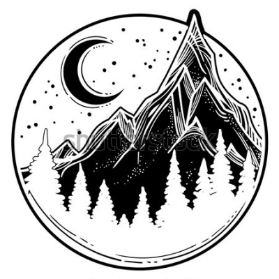Sticker  Belle illustration vectorielle avec nature paysage - montagnes, forêt de pins, étoiles, lune. Art de tatouage. Espace infini, symboles de méditation, voyages, tourisme.