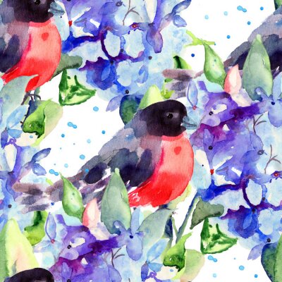 Sticker  Belles fleurs bleues avec l'oiseau