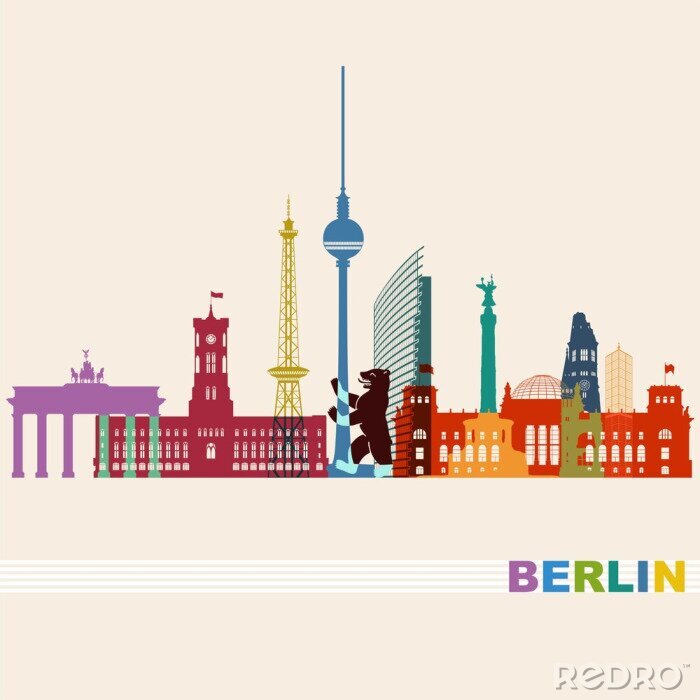 Sticker  Berlin Cityscape panorama coloré avec des vues et des bâtiments importants
