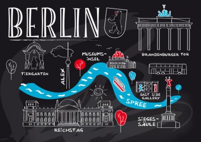 Berlin, Wahrzeichen und Sehenswürdigkeiten auf Tafel Gezeichnet