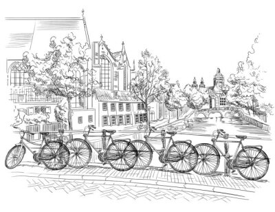 Sticker  Bicyclettes sur le pont sur les canaux d'Amsterdam, Pays-Bas