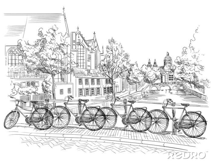 Sticker  Bicyclettes sur le pont sur les canaux d'Amsterdam, Pays-Bas