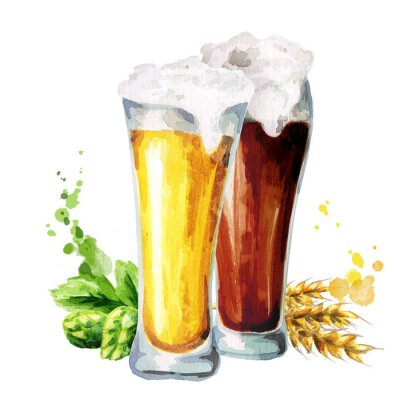 Sticker  Bière foncée et légère, houblon et malt. Aquarelle