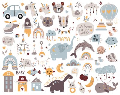 Sticker  Big set of bohemian baby shower elements.
