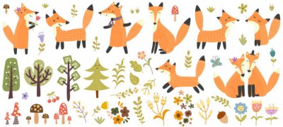 Sticker  Big set of cute foxes, trees and plants. Forest elements collection