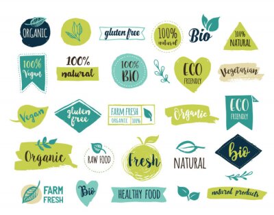 Sticker  Bio, écologie, logos et icônes organiques, étiquettes, étiquettes. Main, tiré, bio, sain, nourriture, badges, ensemble, cru, végétalien ...