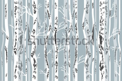 Sticker  Birch grove in autumn. Seamless vector pattern with trees and birds. Retro textile collection.
