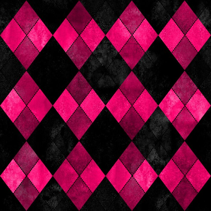 Sticker  Black and pink argyle seamless plaid pattern. Watercolor hand drawn texture background.