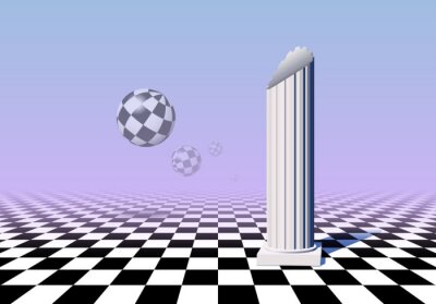 Sticker  Black and white balls flying over checkered floor with column, pink and blue gradient background in vaporwave aesthetic