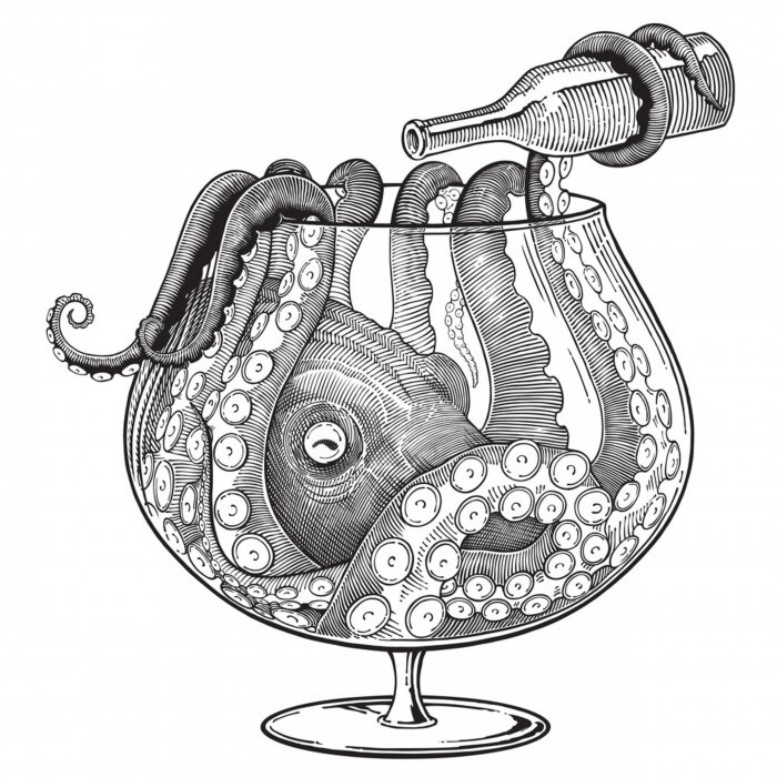 Sticker  Black and white vector drawing of octopus with bottle sitting in a big glass